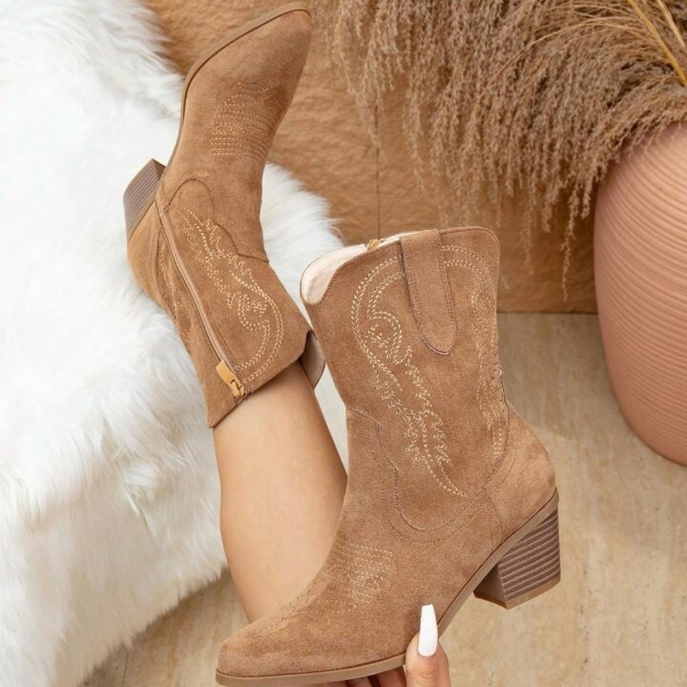 Styleloop Khaki Faux Suede Western Ankle Boots - Picture 1 of 10